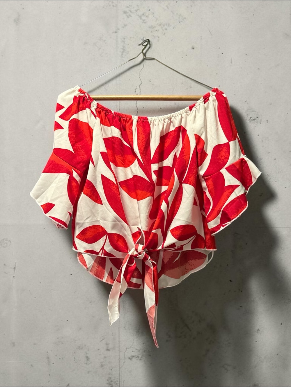 Red & White Off-Shoulder Tie-Front Blouse